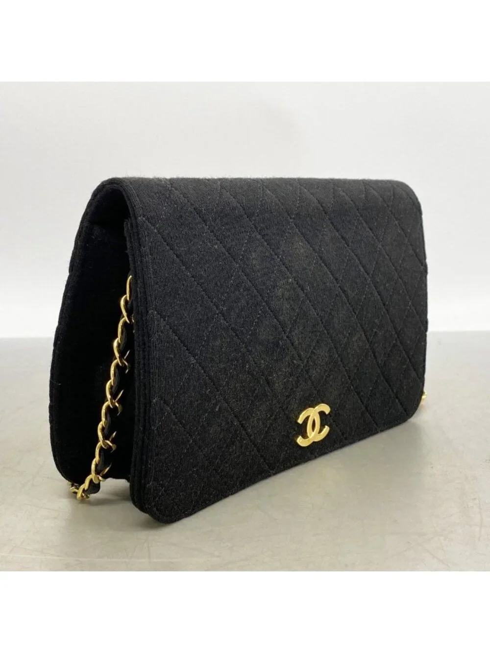 Chanel Shoulder Bag Quilted Jersey Black Gold